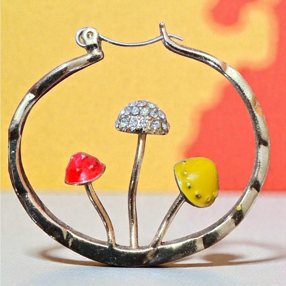 Anthropologie Gold Hoop Mushroom Earrings with Yellow & Red Enamel, NWOT - Picture 4 of 7